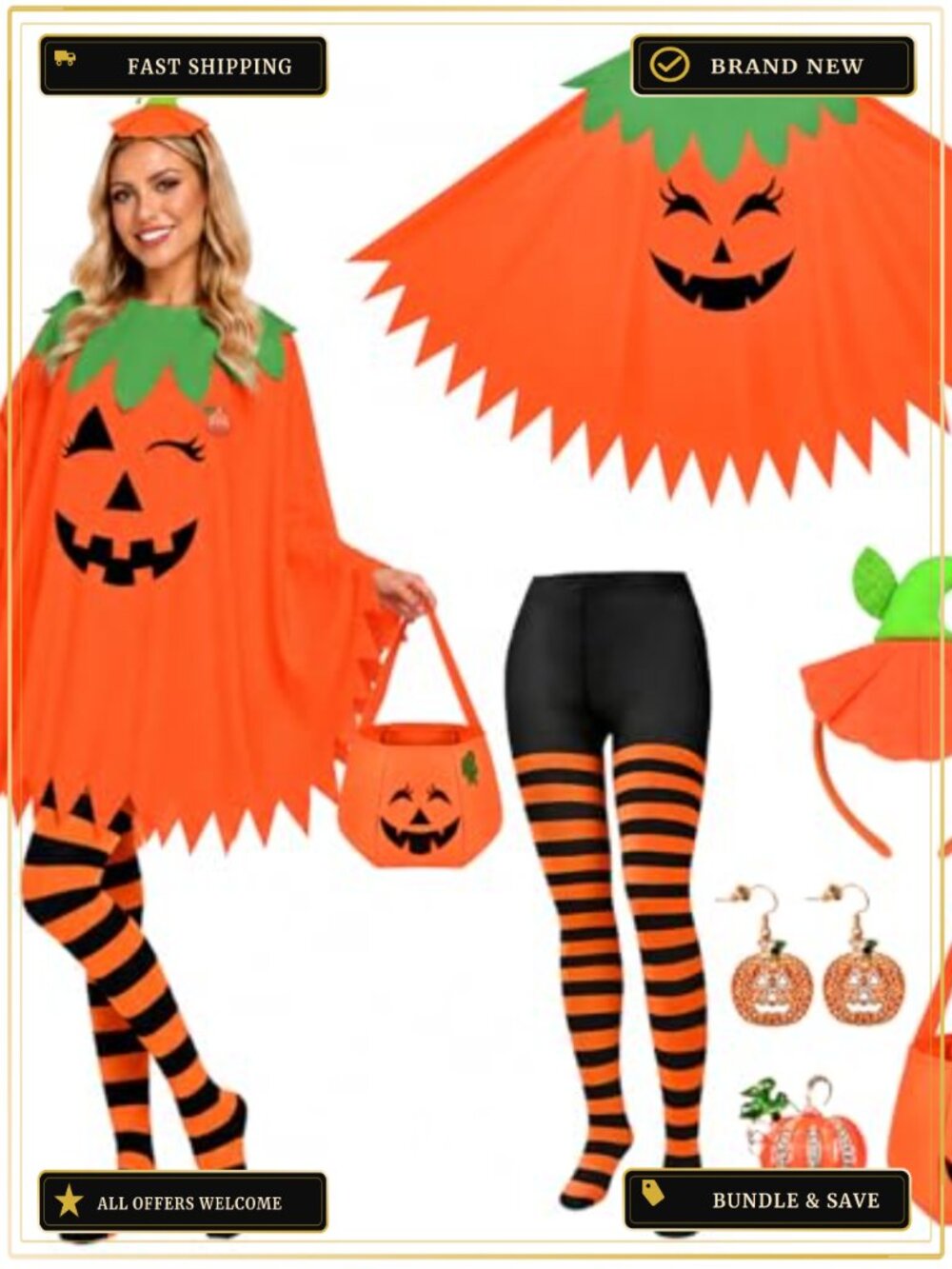 Women Halloween Pumpkin Costume Set 6 Piece Poncho Tights Adult